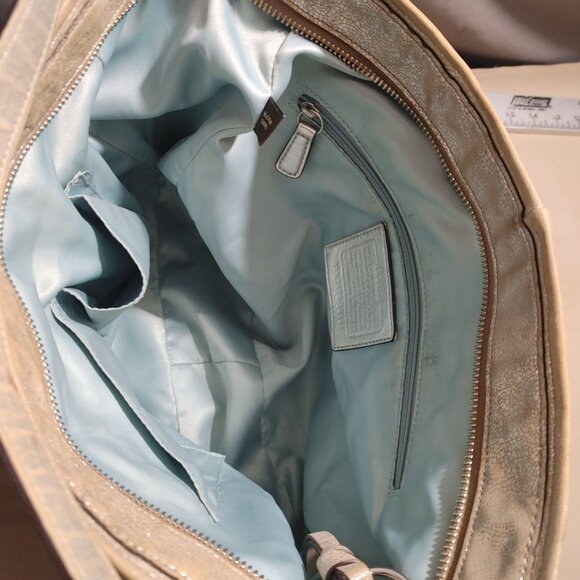 Coach Metallic Gold Leather Tote Bag Adjustable Strap Light Blue Interior - Picture 4 of 13